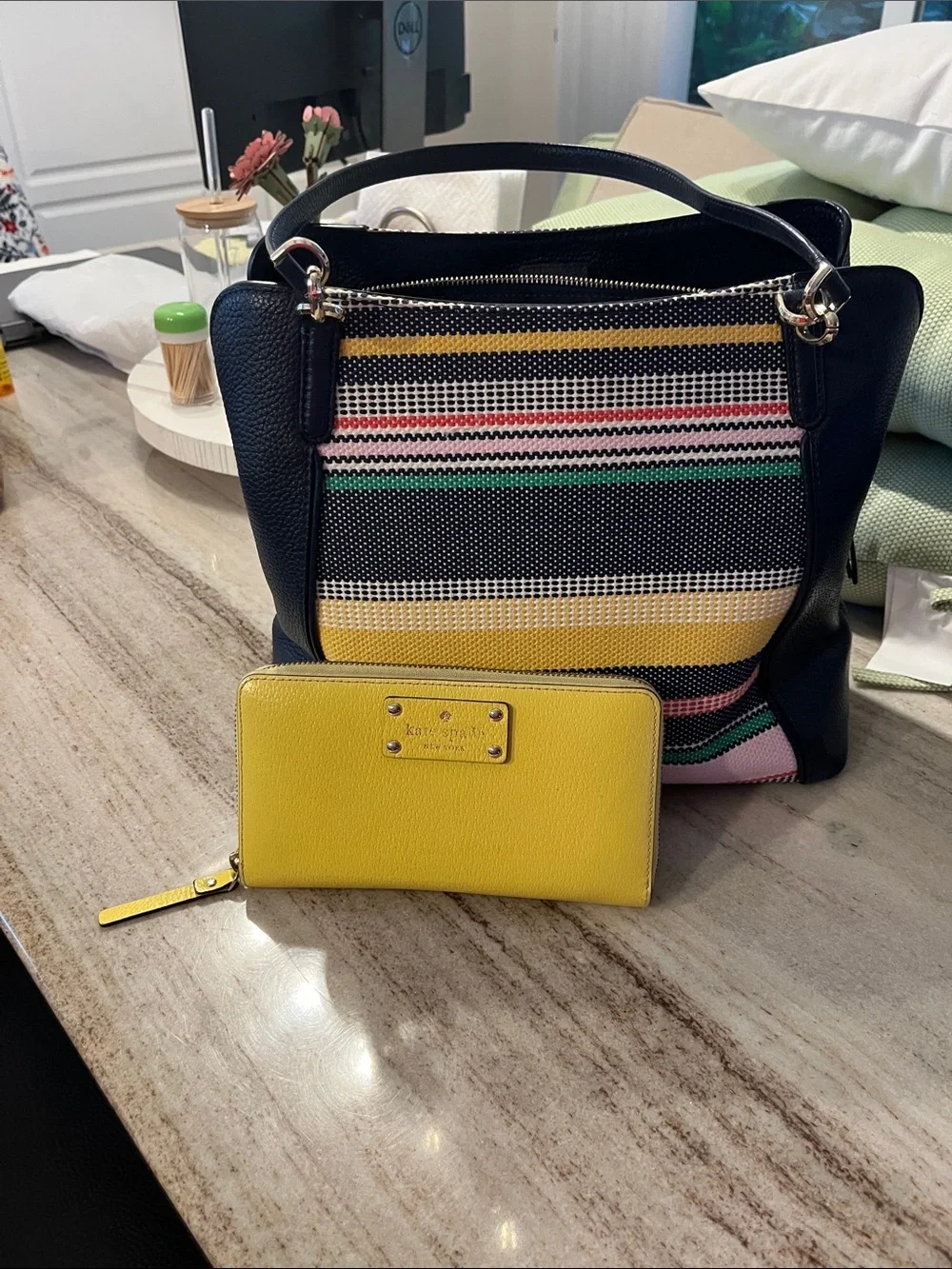 kate spade Striped Canvas Tote in Navy, Yellow, Pink & Green & wallet on yellow